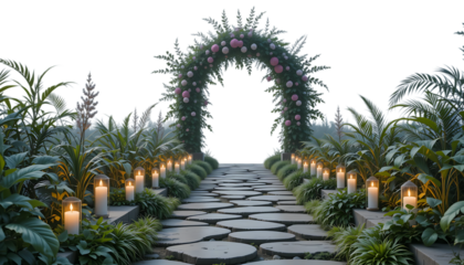 stone pathways adorned with candles and greenery leading to archway PNG Image