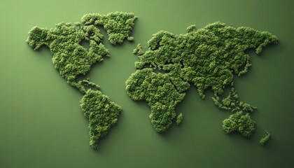 Green world map design with tree and forest shapes, Earth Day, environmental protection, 3D green planet concept, sustainable future