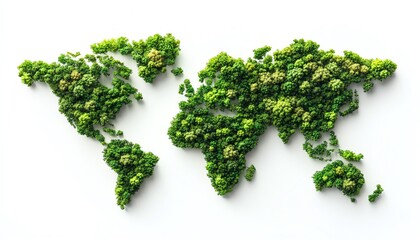 Obraz premium Green world map made of detailed trees and forests, isolated on white background, Earth Day concept, environmental sustainability theme