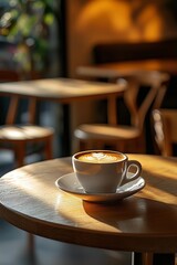A warm cup of coffee sits on a wooden table. The caf&Atilde;&copy;&acirc;&euro;&trade;s soft lights create a calm, inviting space.