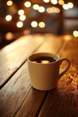 Obraz premium A warm cup of coffee sits on a wooden table. The cafÃ©â€™s soft lights create a calm, inviting space.