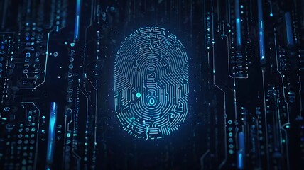 A glowing fingerprint scanner with a futuristic security interface