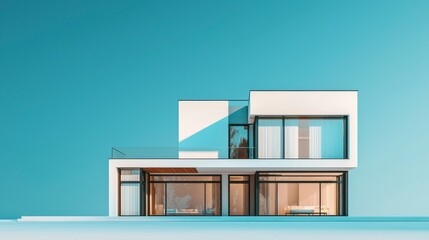 Modern Minimalist House with Large Windows and Blue Background