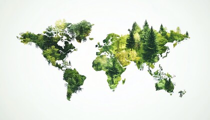 World map designed with various detailed trees, green theme, isolated on white background, Earth Day environmental concept