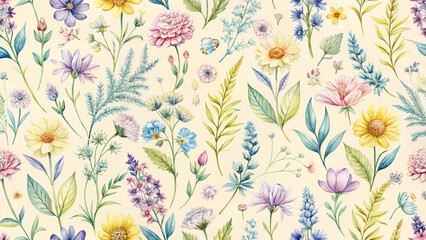 Seamless Botanical Pattern of Watercolor Wildflowers in Pastel Hues. A Dreamy Hand-Painted Design on Soft Cream for Textiles and Stationery.