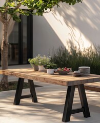 Fototapeta premium Rustic Outdoor Table Setup with Fresh Fruits and Green Plants