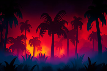 Silhouetted palm trees at sunset, vibrant red and orange hues, tropical paradise scene, digital art, graphic background.