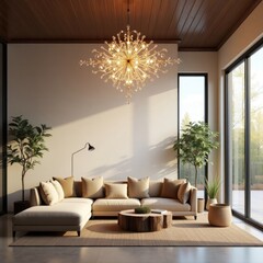 Modern Living Room with Chandelier and Sunlight