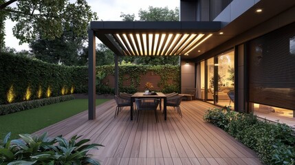 Obraz premium Modern Outdoor Patio with Elegant Furniture and Lush Greenery