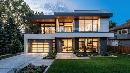 Fototapeta premium Modern luxury home with large windows and landscaped garden exterior