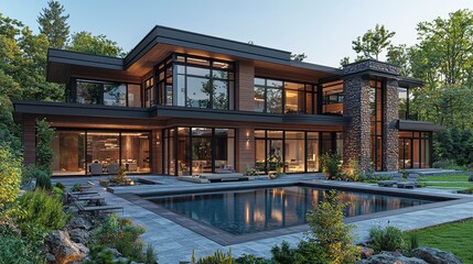 Modern Architectural Home with Pool and Lush Green Surroundings
