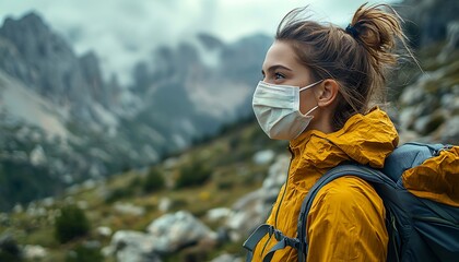 Woman in a protective face mask enjoying the serene natural beauty while hiking at Cares Trail in Spain, blending adventure with health consciousness.