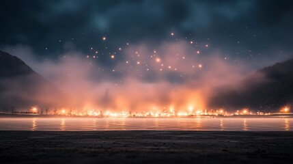 Fototapeta premium Magical Night Lights Misty Lake Cityscape Starry Sky