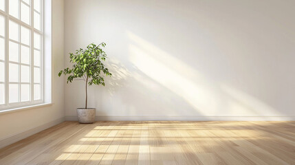 soft white walls, a simple minimalistic with a small lamp on it,