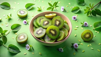 Refreshing Bowl of Sliced Kiwi Fruit with Green Leaves and Delicate Flowers on a Vibrant Green Background