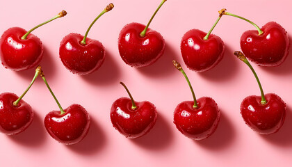 Juicy red cherries arranged in a visually appealing pattern on a pink background. Perfect for food blogs, websites, or social media.