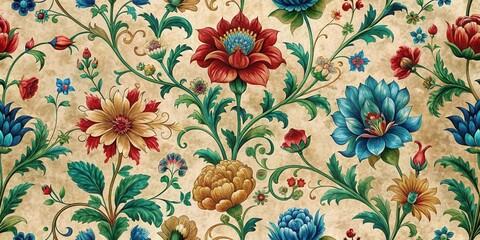 Intricate Vintage Floral Design with Lush Blooms and Ornate Leafwork on Antique Paper Texture
