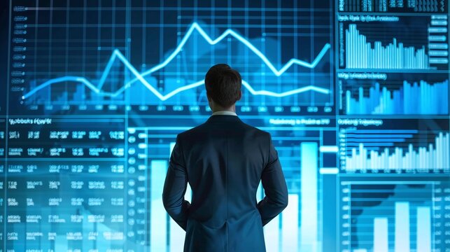 Businessman standing in front of a large digital dashboard displaying various business and financial data charts graphs and analytics information  Concept of data driven decision making - Powered by Adobe