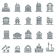 Twenty-Four Minimalist Line Drawings of Diverse Building Types in Monochrome