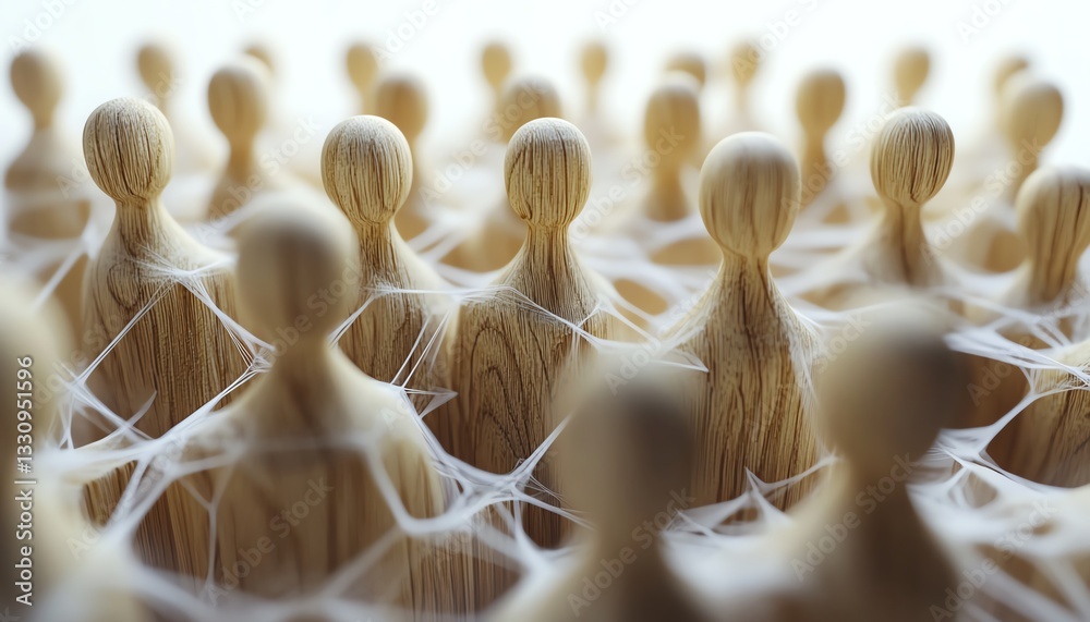 Poster wooden figures linked in a network, human resources and management strategy concept, clean white bac