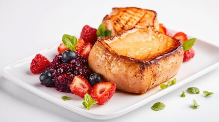 A beautifully plated foie gras dish with golden seared preparation artfully arranged on a white table for dining