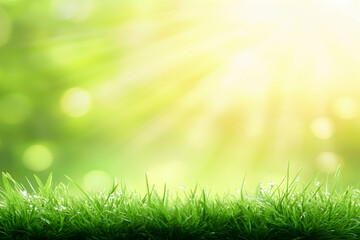 Obraz premium Vibrant green grass with dew drops, bathed in bright sunlight against a bokeh background. Perfect for spring, nature, or environmental themes.