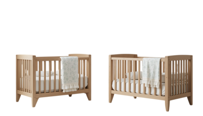 Wooden cribs with mobiles and soft bedding baby furniture PNG Image