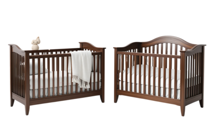 Wooden cribs with mobiles and soft bedding baby furniture PNG Image