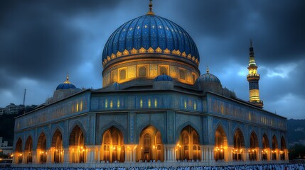 Obraz premium Illuminated Blue Mosque at Night, Mountainous Setting