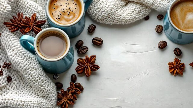 Cozy Coffee Morning: Three Cups of Aromatic Brew Surrounded by Warm Knitwear, Coffee Beans, and Star Anise