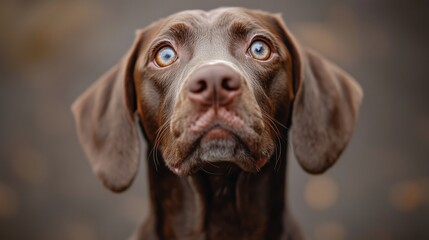 Close-up of a brown dog with striking blue eyes, looking curious.