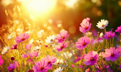 Vibrant cosmos flowers bathed in golden sunset light, creating a serene and beautiful summer scene. Perfect for nature, beauty, and tranquility themes.