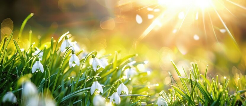 Spring nature with snowdrops and green grass beneath sun rays, an ideal background for creating an Easter card with plenty of room for text.