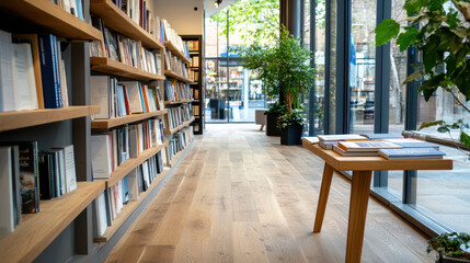 Fototapeta premium modern bookstore interior with wooden shelves and cozy atmosphere