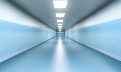 Long, light blue corridor with recessed lighting, clean and sterile aesthetic. Perfect for medical, healthcare, or futuristic concepts.