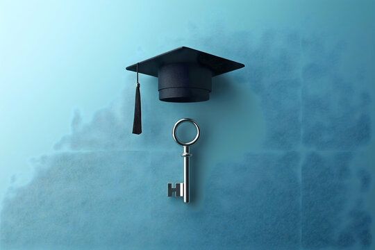 A graduation cap and a key symbolize education and opportunity, representing the unlocking of potential through academic achievement.