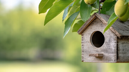 rustic birdhouse hanging from tree branch, surrounded by greenery