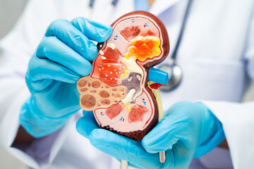 Chronic kidney disease, doctor with model for treatment urinary system, urology, Estimated...