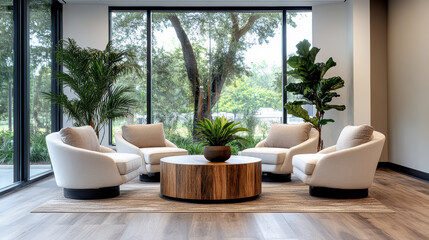 Cozy office breakroom with comfortable seating and natural light