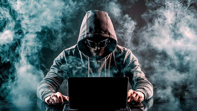 Anonymouse hacker with smoke background, Concept of data theft