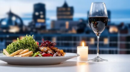 Elegant plate of gourmet food paired with a glass of fine wine in a rooftop restaurant dining experience