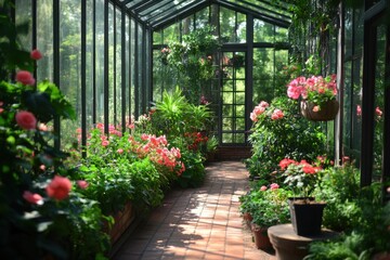 Fototapeta premium Lush greenhouse garden with vibrant flowers and glass panels serenity in nature indoor botanical paradise tranquil environment captivating viewpoint