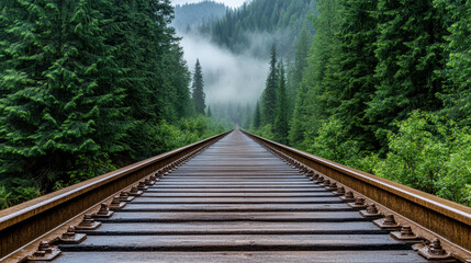 Fototapeta premium foggy sunrise over forgotten railway tracks surrounded by lush trees