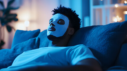 Obraz premium Serene Evening: Man Rejuvenating with Sheet Mask Under Tranquil Blue Ambient Light