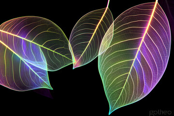 Vibrant iridescent leaves, detailed vein structure, black background, nature, botanical, abstract art, plant, leaf, foliage, colorful, bright, glowing, fantasy, surreal.