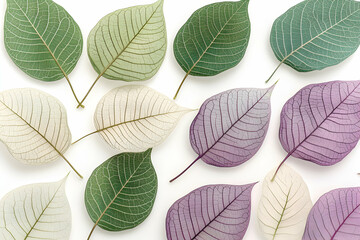 Obraz premium Colorful skeletonized leaves arranged symmetrically on a white background, showcasing intricate leaf vein patterns in various shades of green, purple, and white.