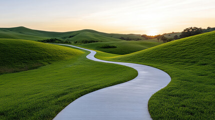 Obraz premium long winding road through lush green hills at sunset, creating serene atmosphere