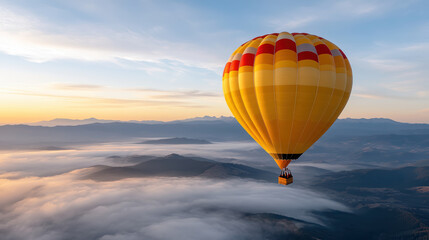 Fototapeta premium vibrant hot air balloon floats above foggy landscape at sunrise