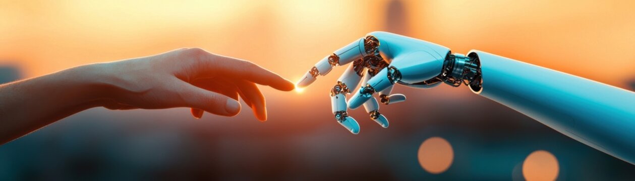 A human hand reaching towards a robotic hand, symbolizing connection and innovation.