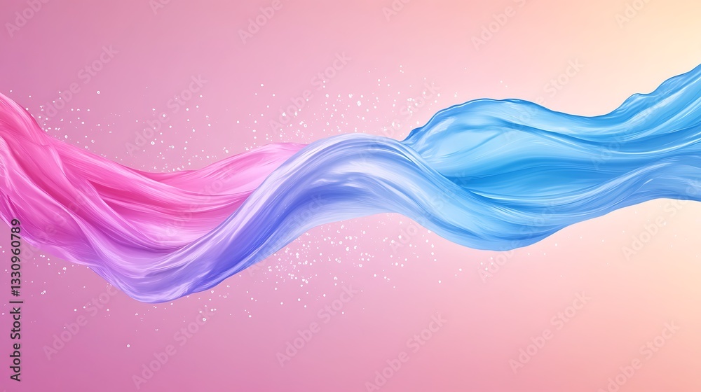 Poster flowing colorful waves blend pink and blue against a soft gradient background.